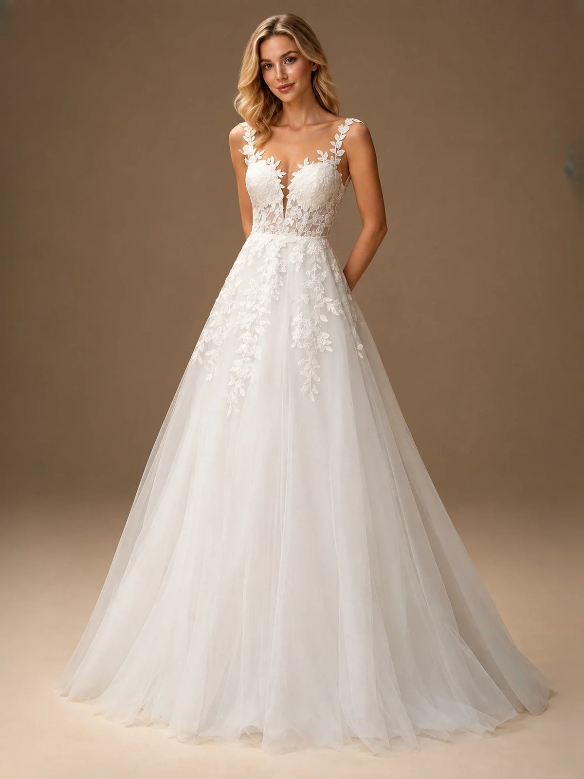Ivory floral V-neck A-line wedding dress, sleeveless lace bodice