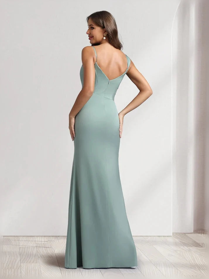 Dusty sage satin mermaid gown, sleeveless with low open back, floor-length fitted silhouette
