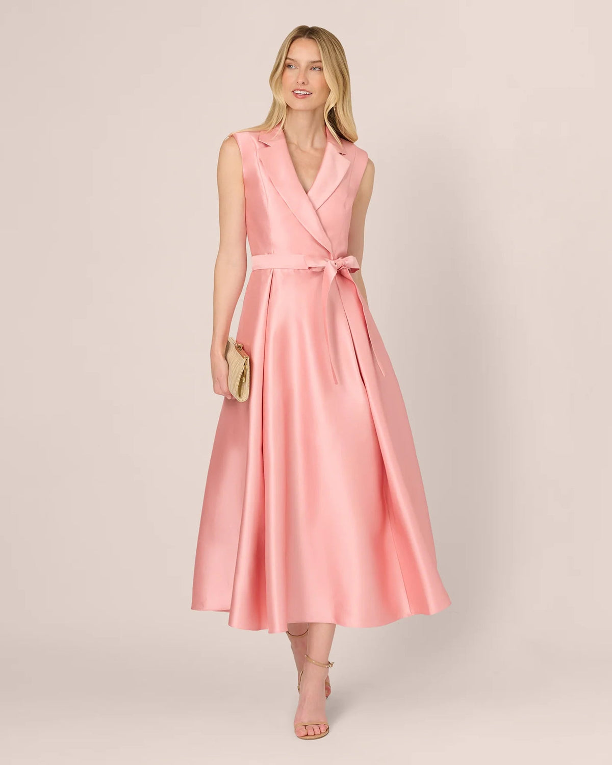 Apricot pink sleeveless A-line maxi dress, V-neck wrap, tied waist bow