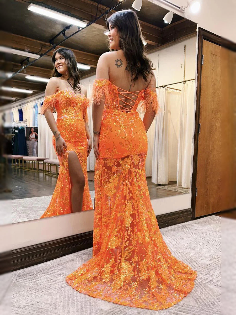 Orange backless off-shoulder sequin floral mermaid gown with feather fringe and slit