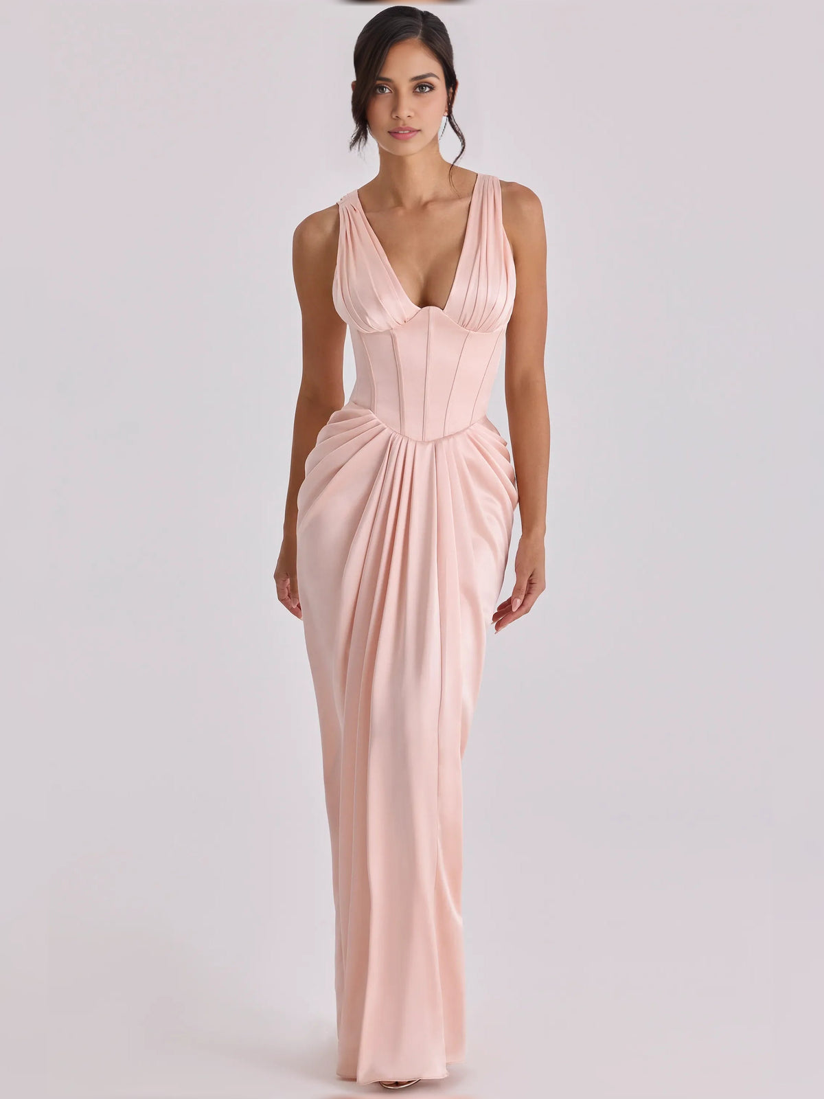 Blush pink v-neck corset pleated floor-length formal dress, sleeveless and fitted