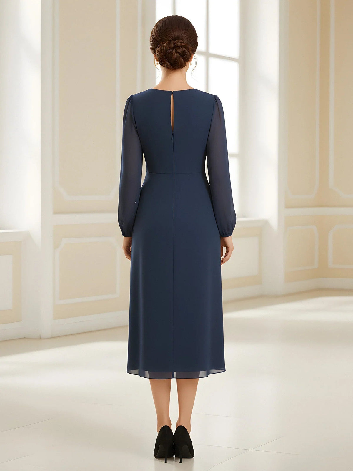 Navy blue V-neck midi sheath dress, back view with long sleeves and smooth drape