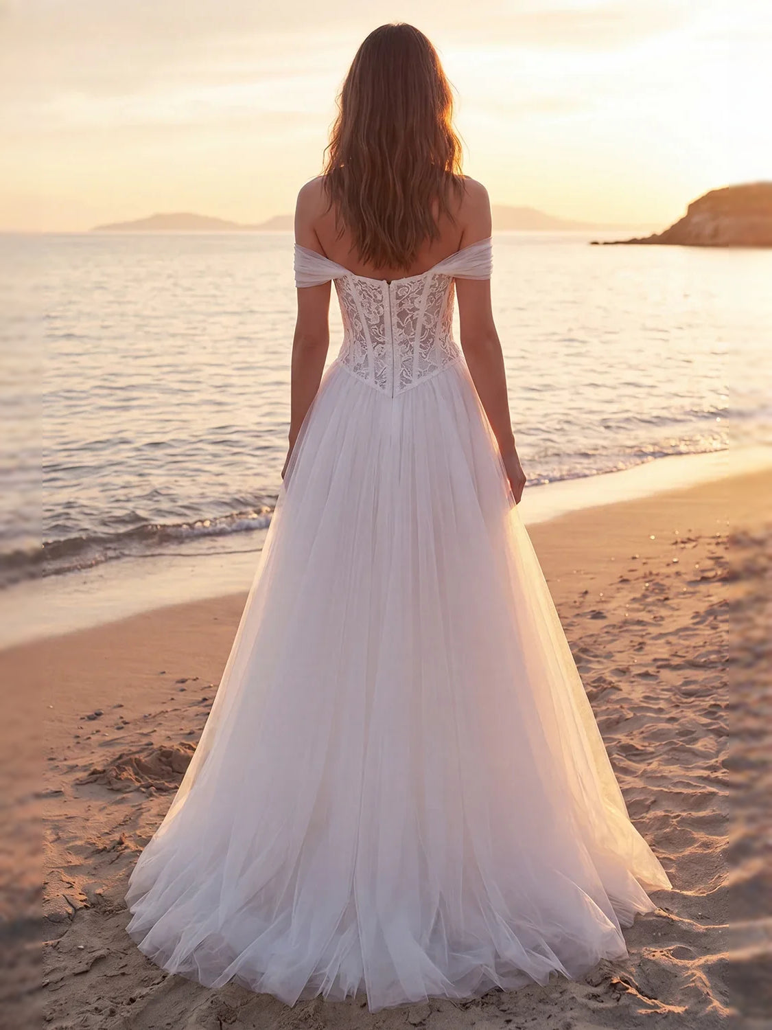 Ivory off-shoulder lace corset backless tulle A-line wedding dress, floor-length