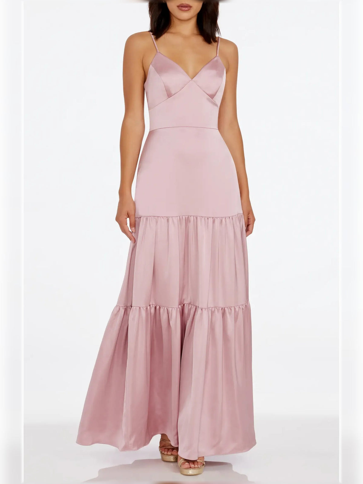Rose pink V-neck spaghetti strap tiered maxi dress with layered skirt