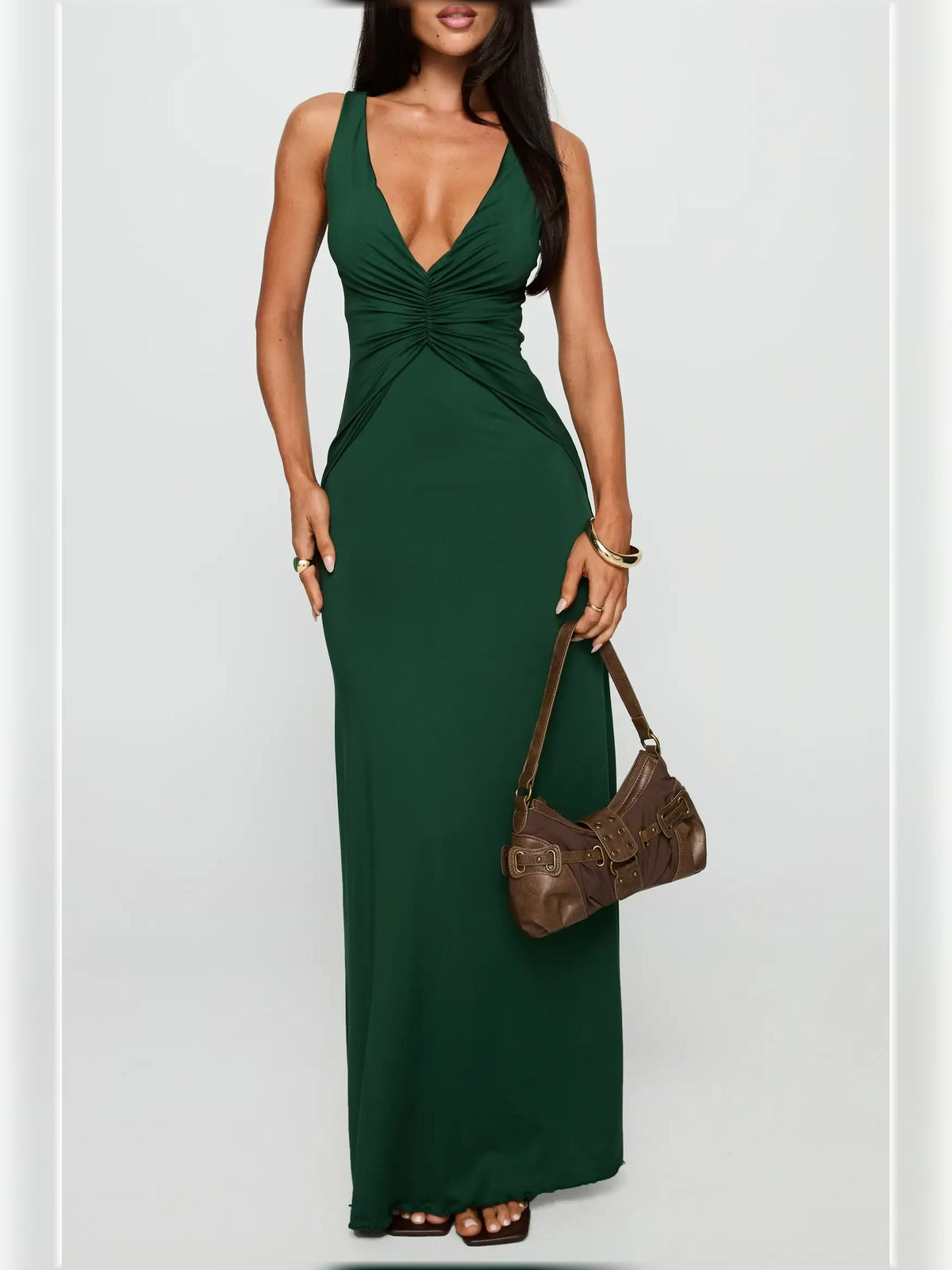 Forest green V-neck ruched formal maxi dress with gathered waist