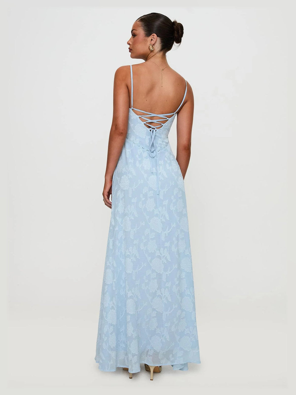 Blue maxi formal dress, back full-length view showing the bodice