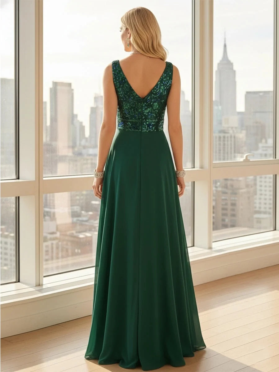 Back view dark green sleeveless sequin V-neck A-line maxi chiffon dress