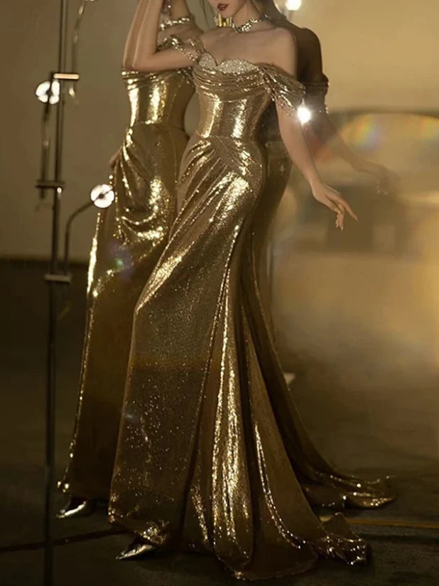 Gold off-shoulder sequin mermaid formal dress with ruched bodice, long fitted hem