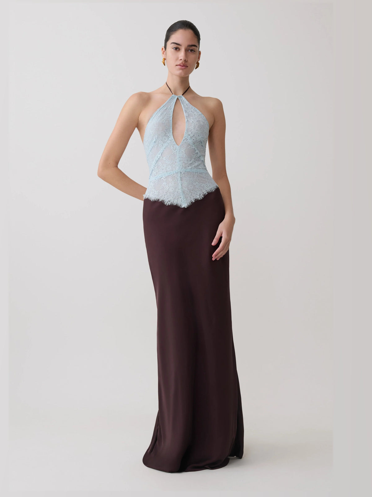 Chocolate formal dress with halter neck neckline