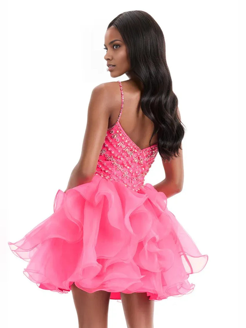 Hot pink sequined backless sweetheart mini dress with layered ruffled organza skirt