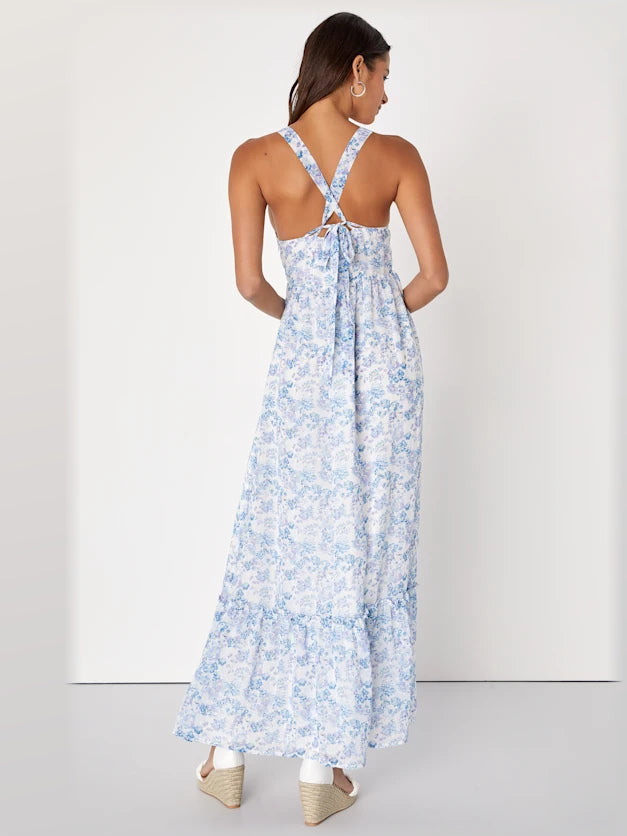 White Floral maxi formal dress, back full-length view showing the bodice