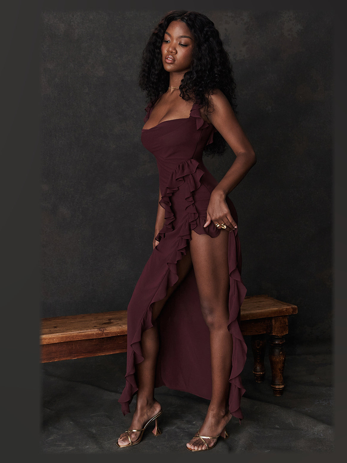 Burgundy maxi formal dress, alternate full-length view showing the bodice