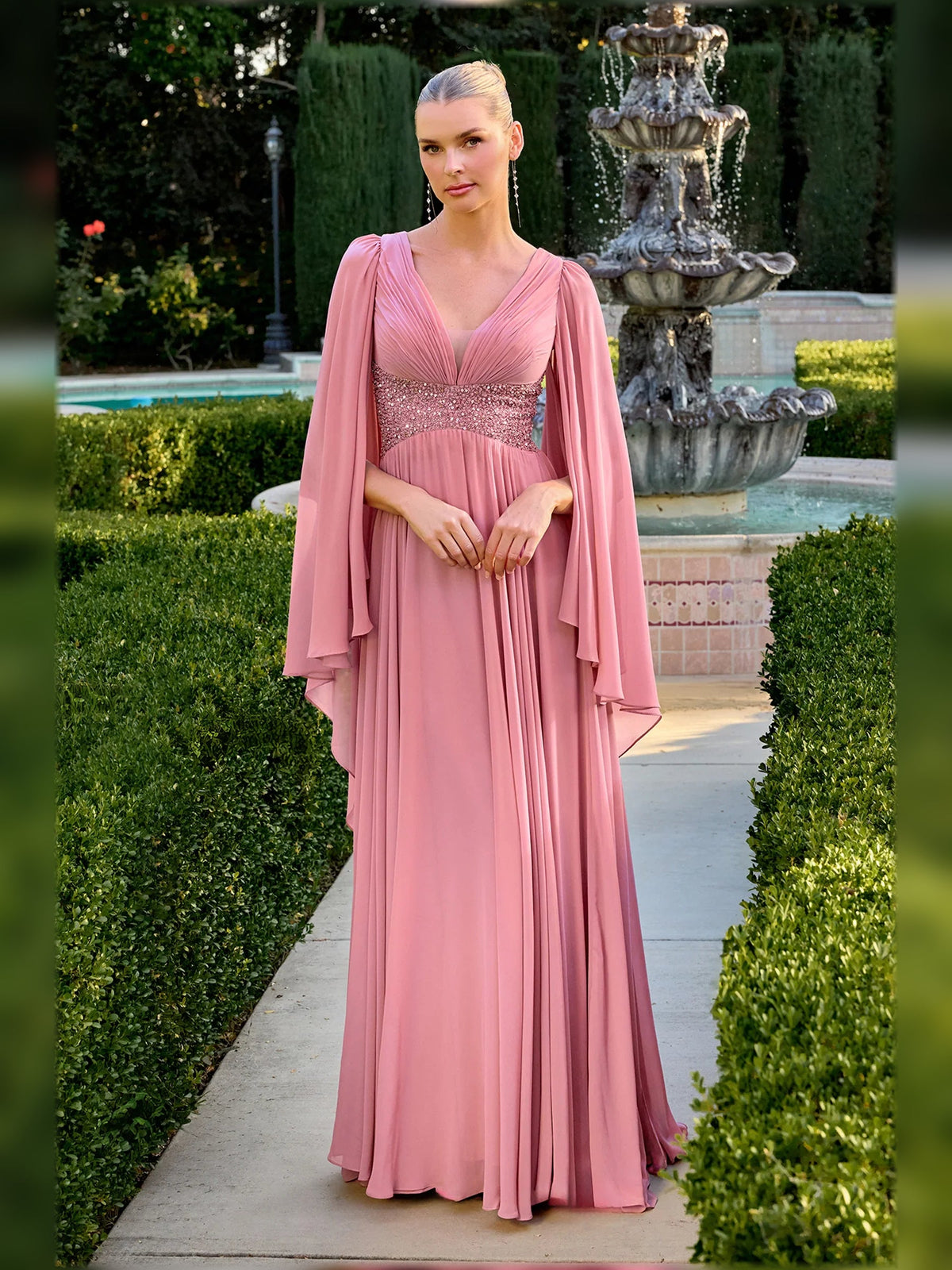 Rose gold V-neck beaded A-line floor-length formal dress with draped cape sleeves