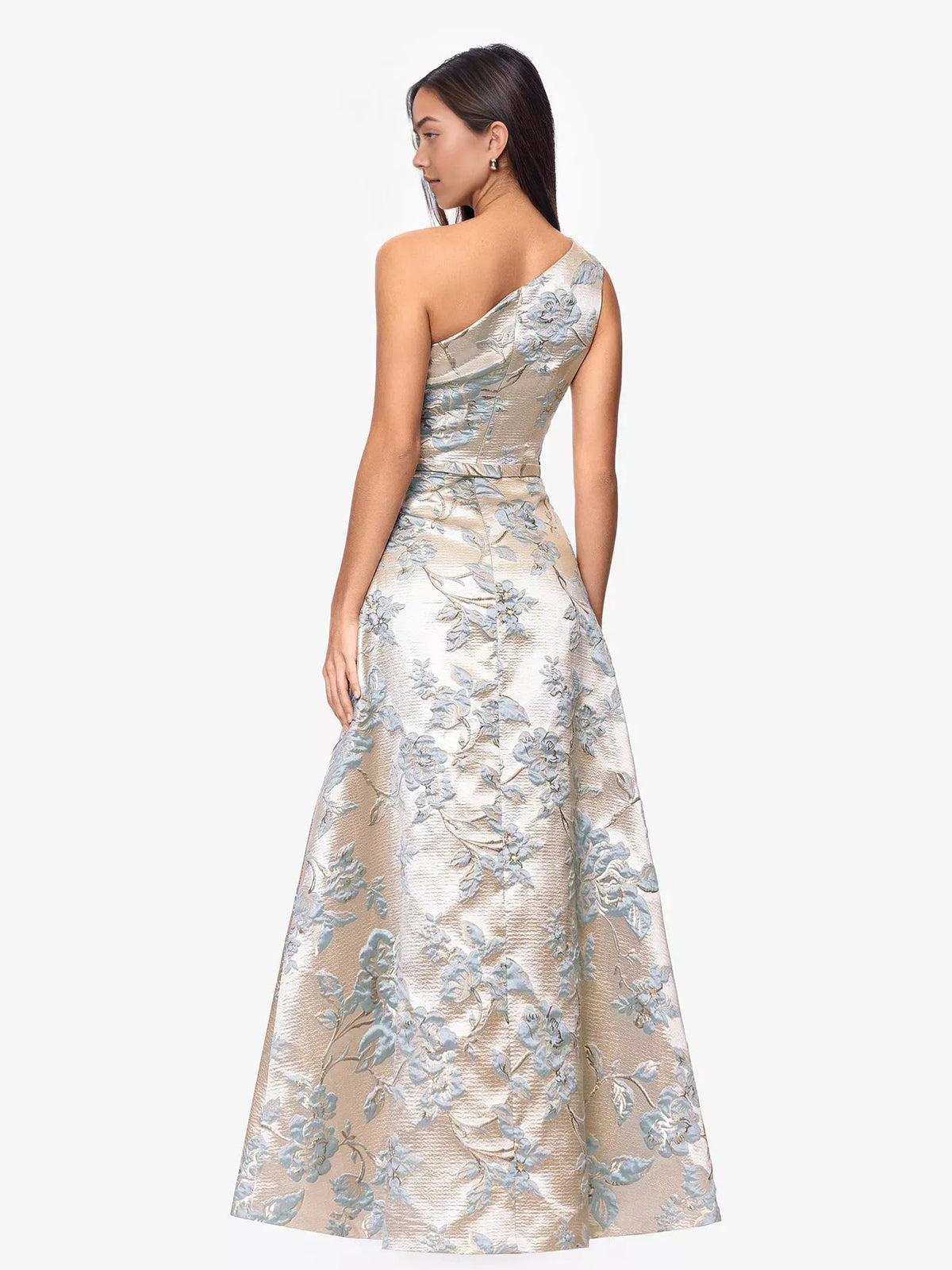 One-shoulder floral jacquard A-line formal dress with open back, light blue on cream