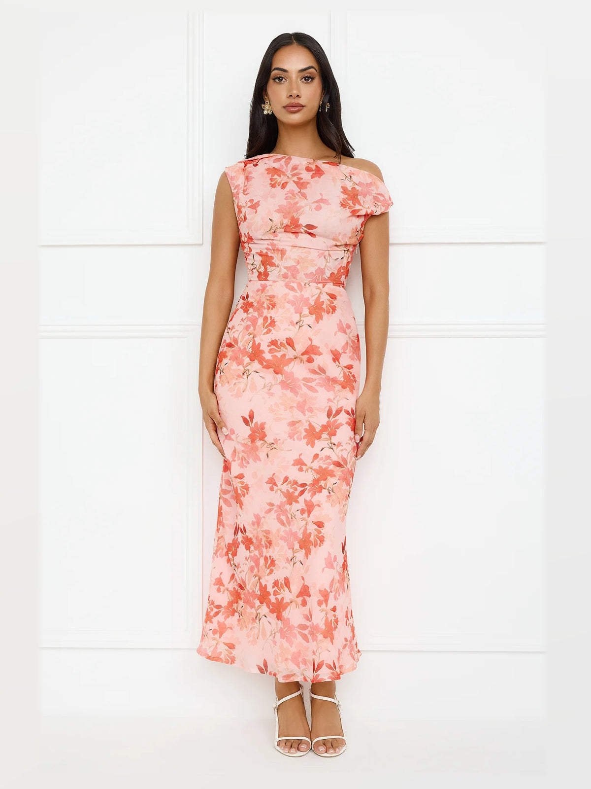 Orange formal dress with off shoulder neckline