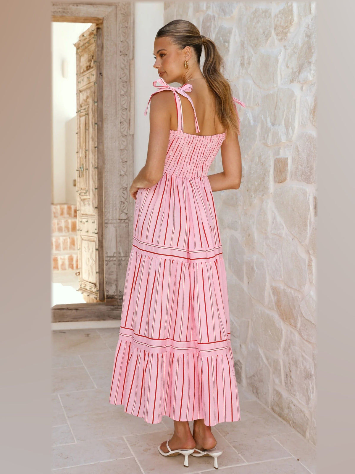 Pink midi formal dress, back full-length view showing the bodice