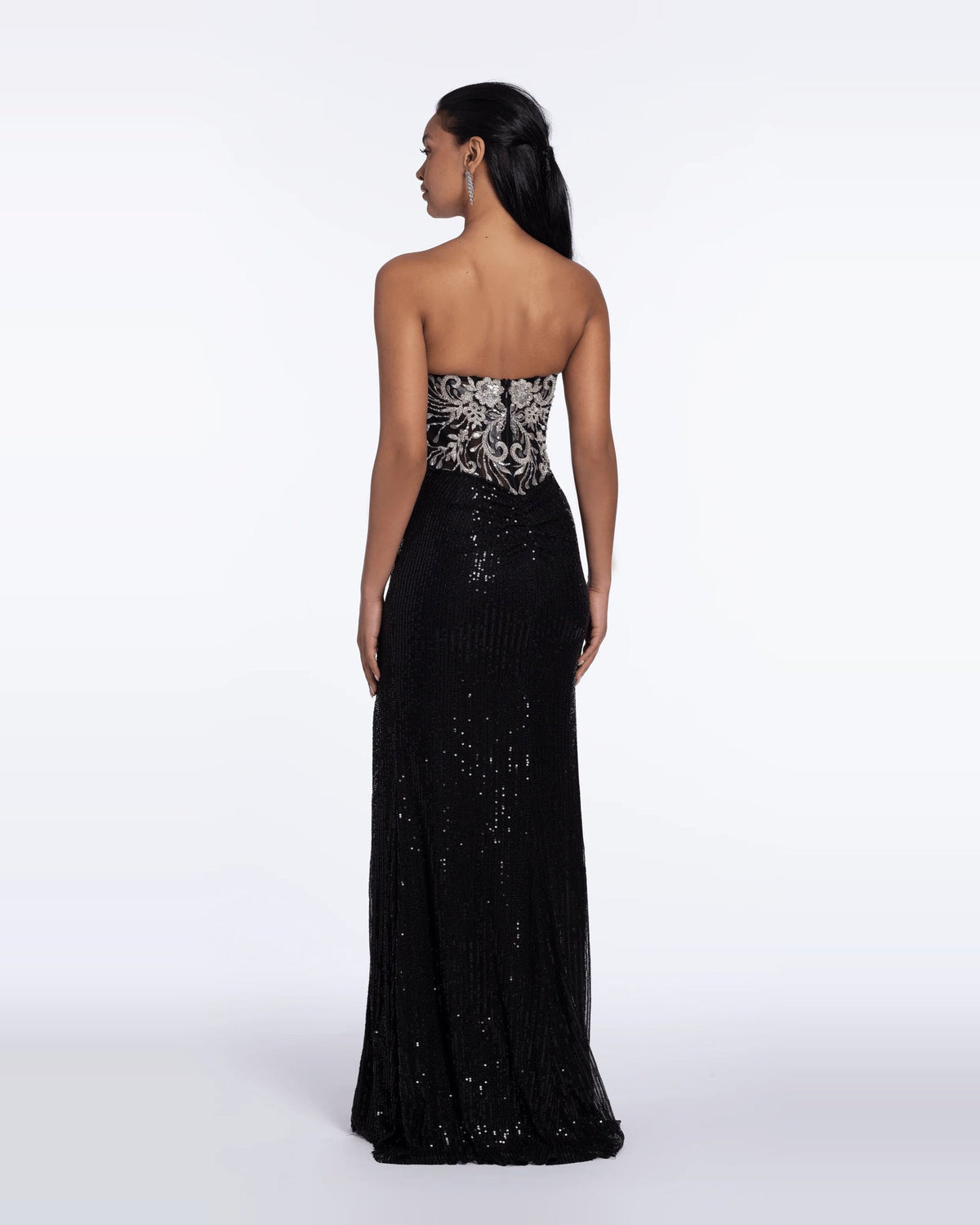 Black strapless maxi prom dress, open back, silver corset detail, side slit.