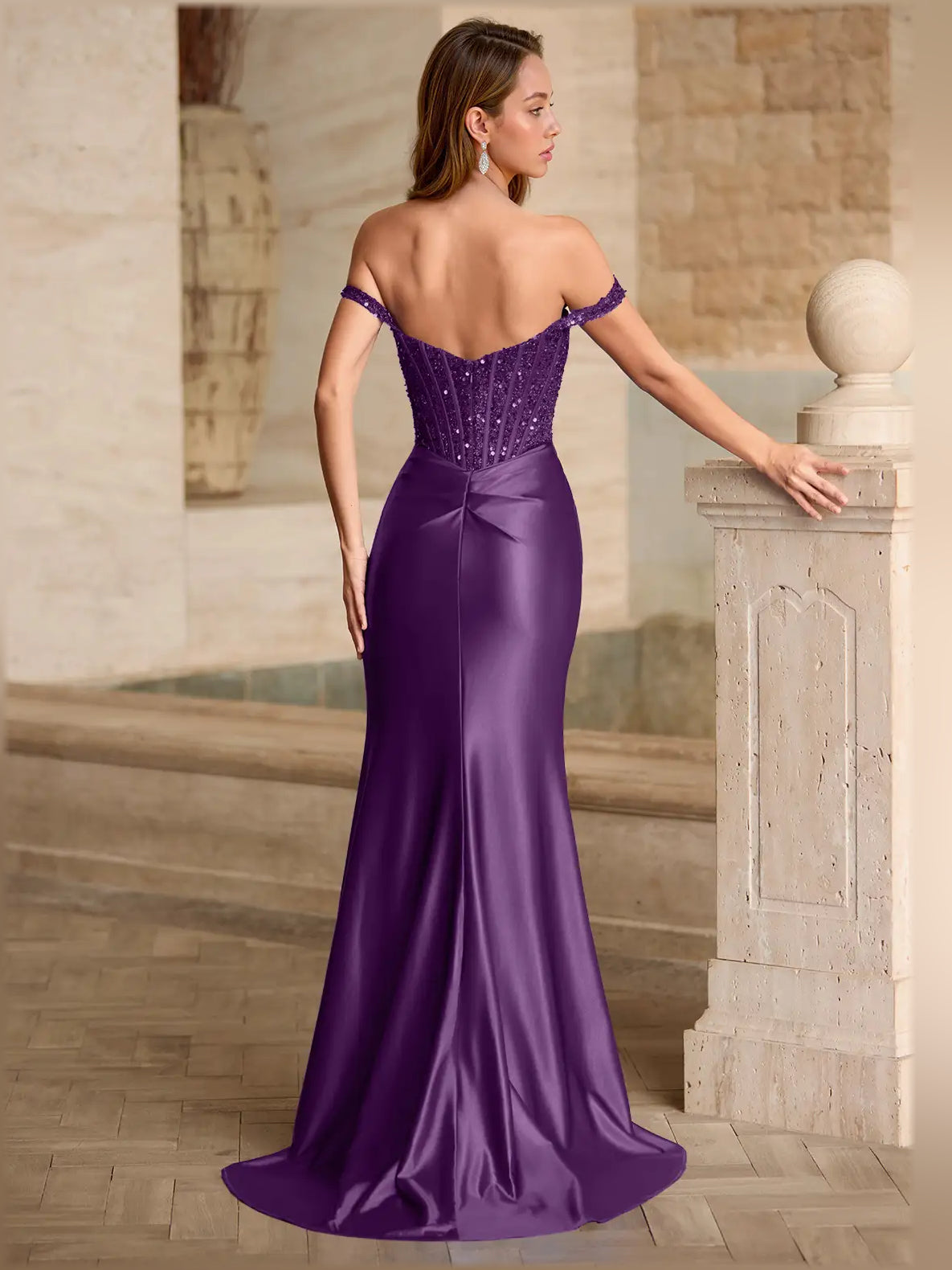 Off-shoulder mermaid formal dress in royal blue with sparkling bodice and side view