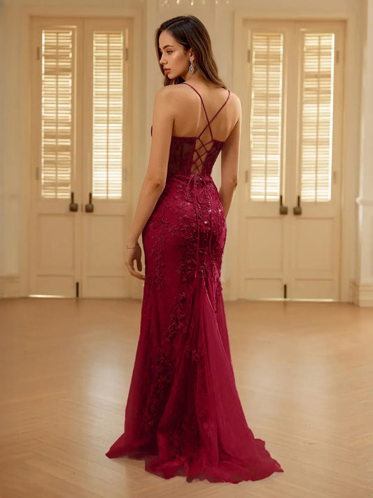 Burgundy embroidered mermaid prom dress with corset back and crisscross lace straps