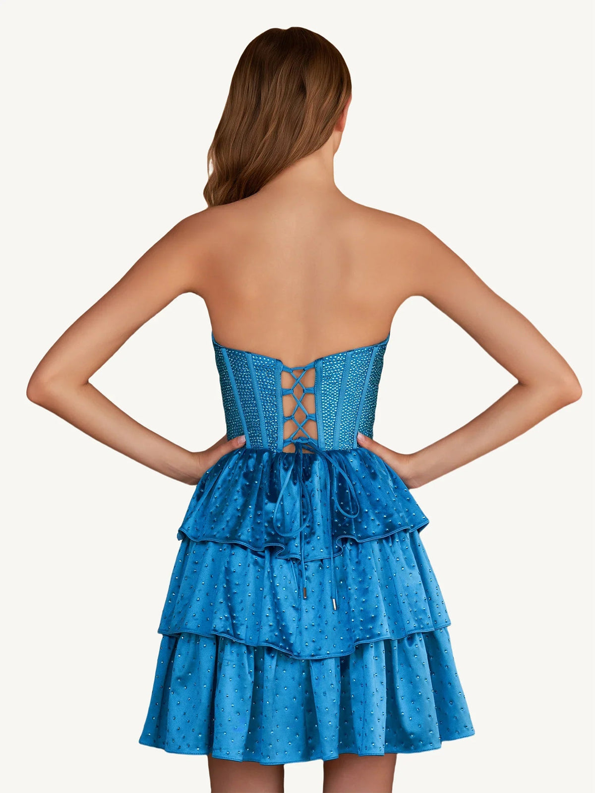 Blue corset bodice mini dress with crisscross lace-up back and tiered ruffles