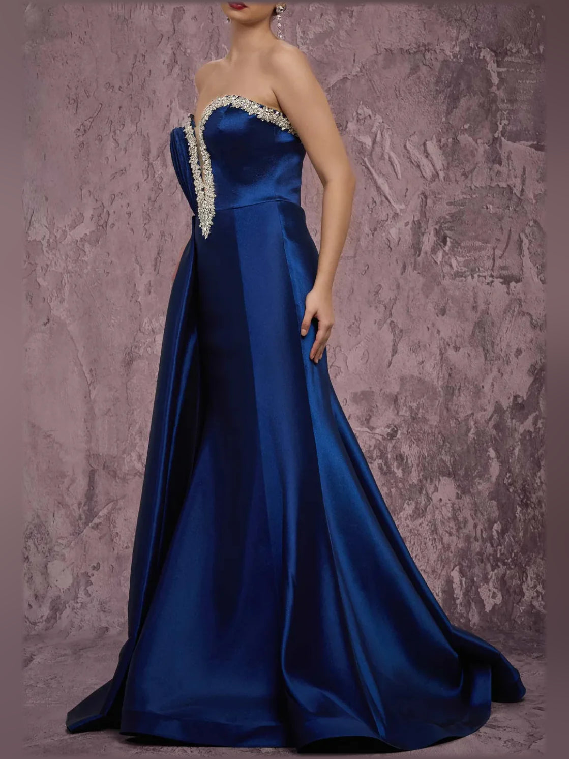Navy off-shoulder satin formal dress with sparkling beaded bodice