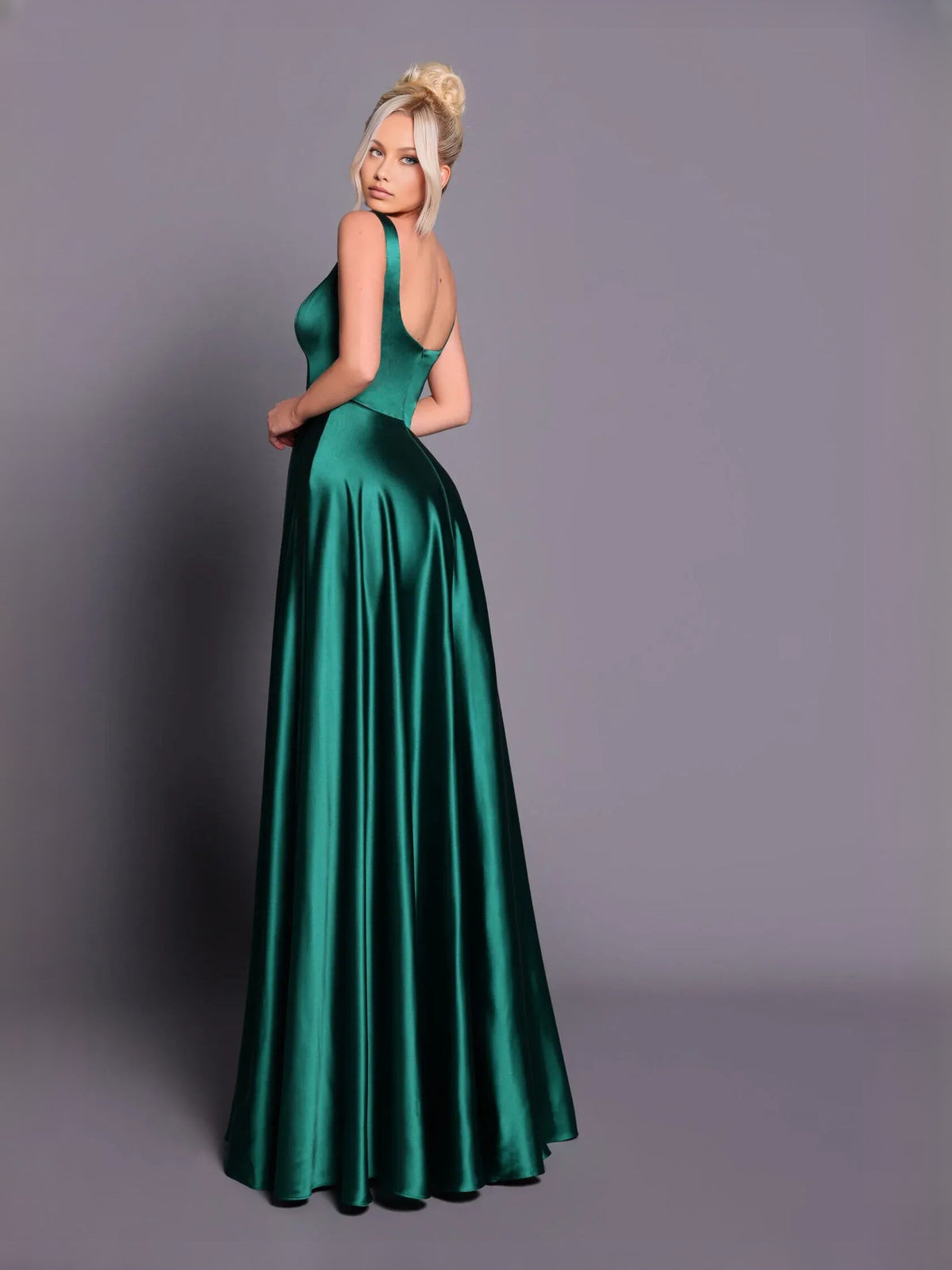 Green satin formal dress, square neck sleeveless A-line floor length, side profile
