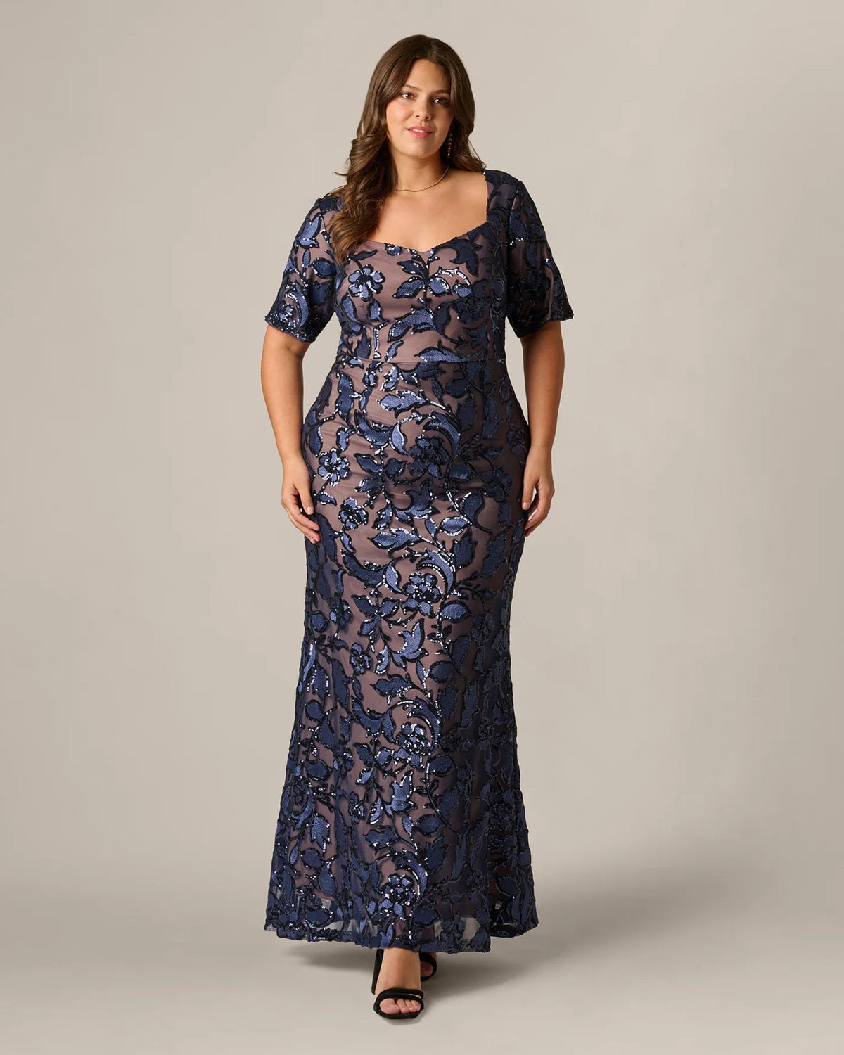 Navy floral sequin A-line maxi dress with short puff sleeves and square neckline