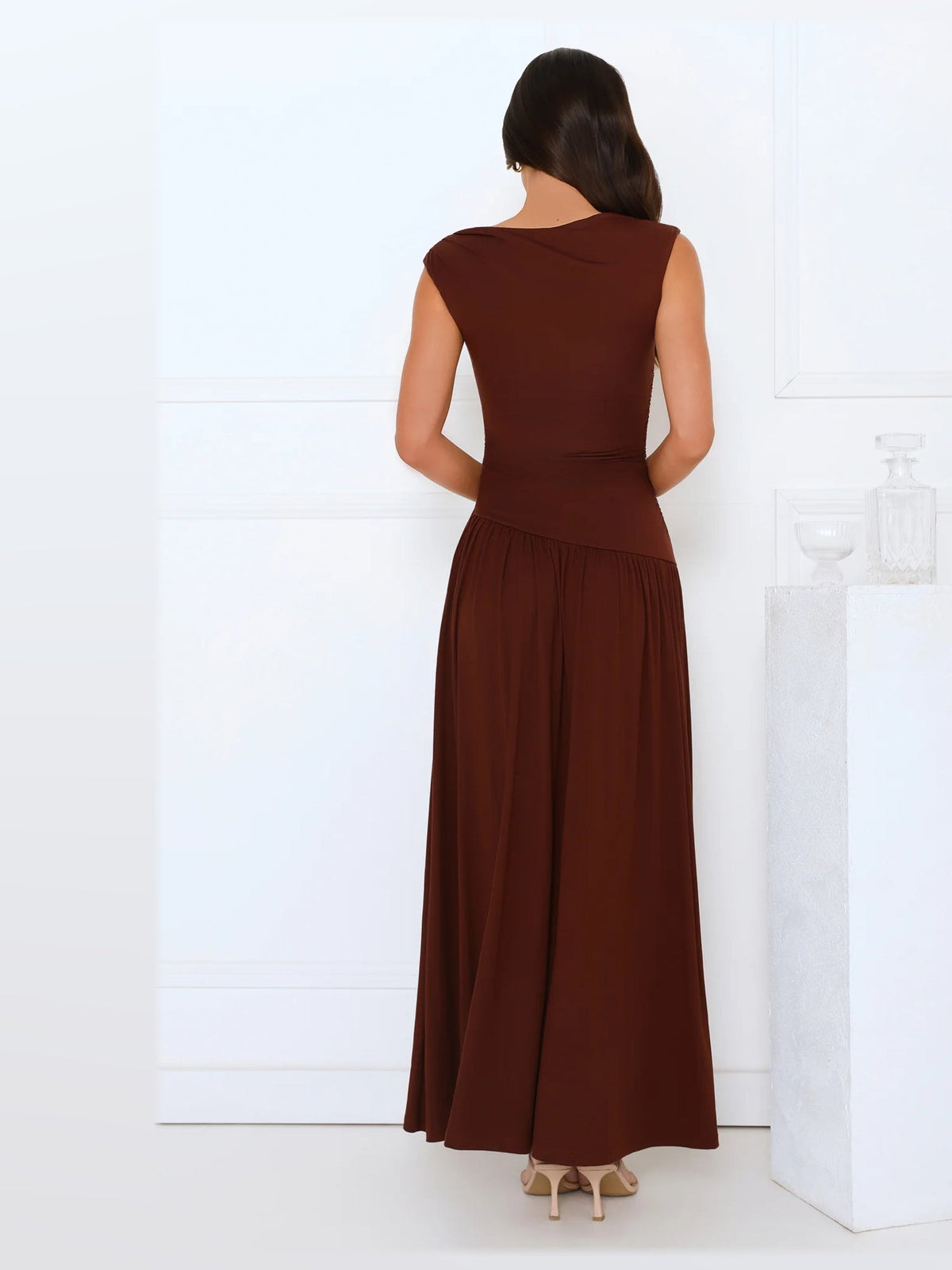 Brown maxi formal dress, back full-length view showing the bodice
