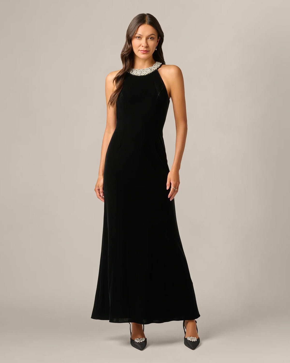 Black halter A-line maxi dress with embellished collar and full-length skirt