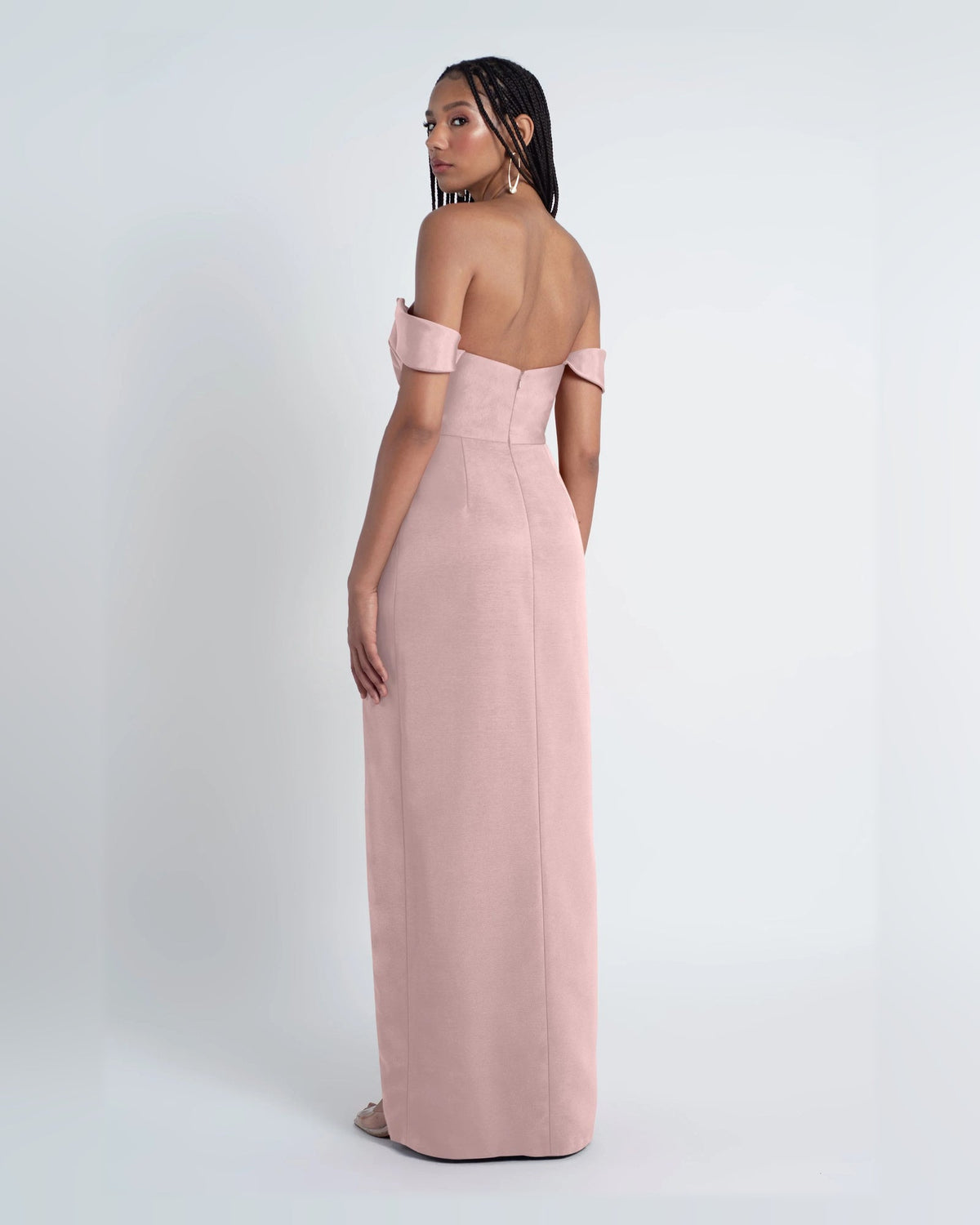 Light pink off-shoulder A-line formal dress, floor-length, back view with off-shoulder straps