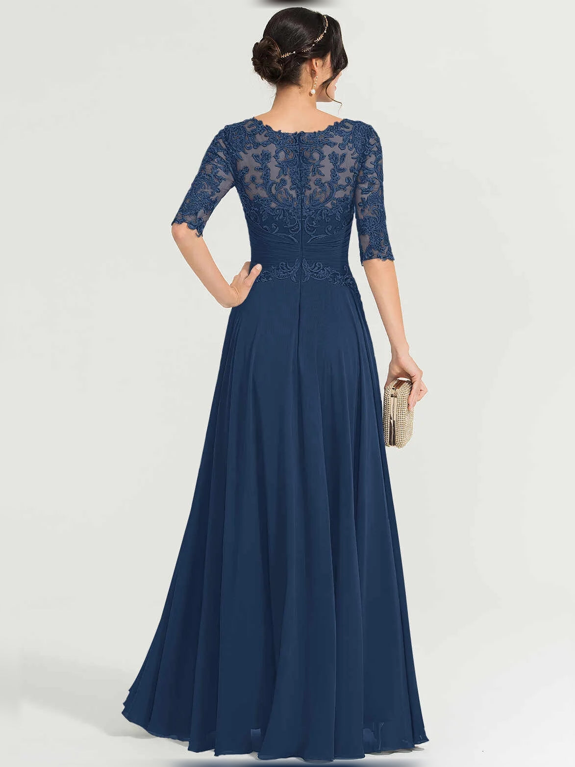 Dark navy illusion-neck A-line maxi chiffon dress from the back with lace floral applique