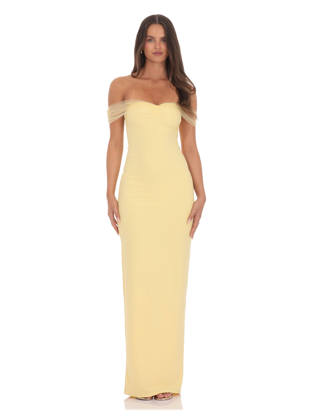 Yellow bridesmaid dress with off shoulder neckline