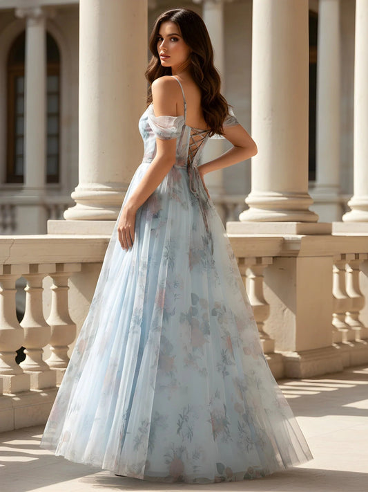 Light blue floral off-the-shoulder corset floor-length dress, fitted bodice, full skirt