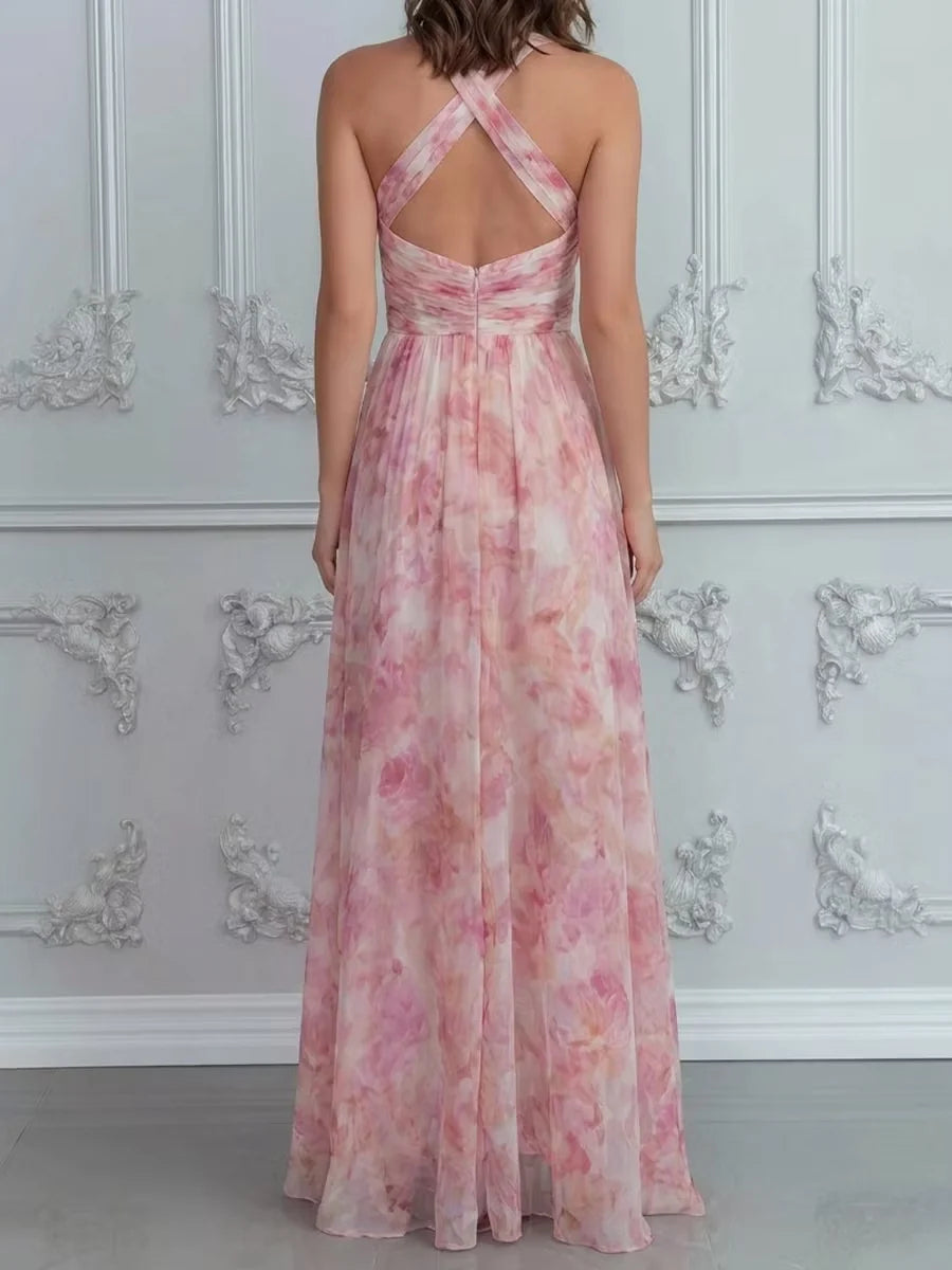 Dusty pink floral chiffon A-line dress with V-neck and crisscross open back