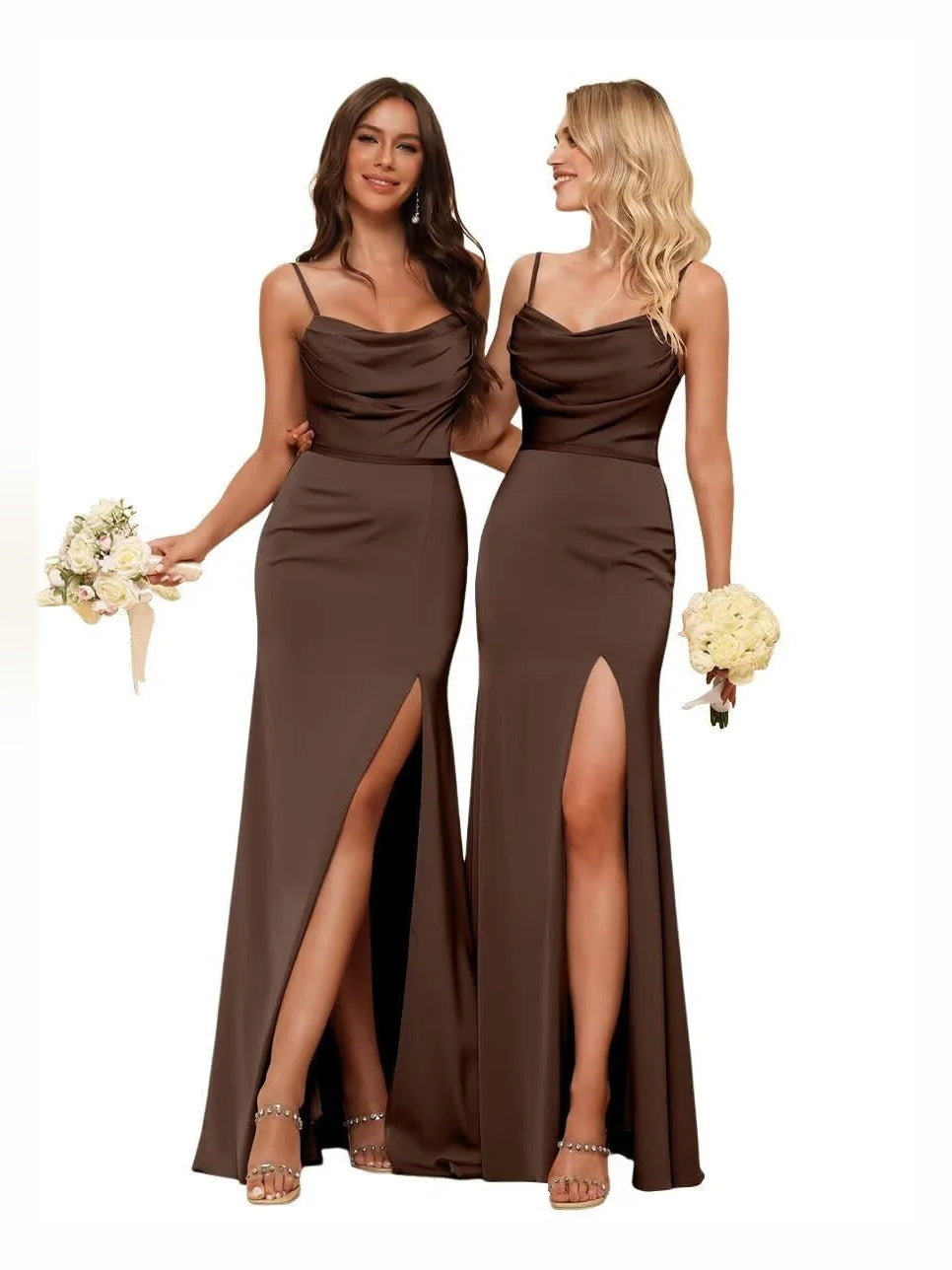 Brown cowl neck satin sheath bridesmaid dress with sleeveless drape and front thigh slit.