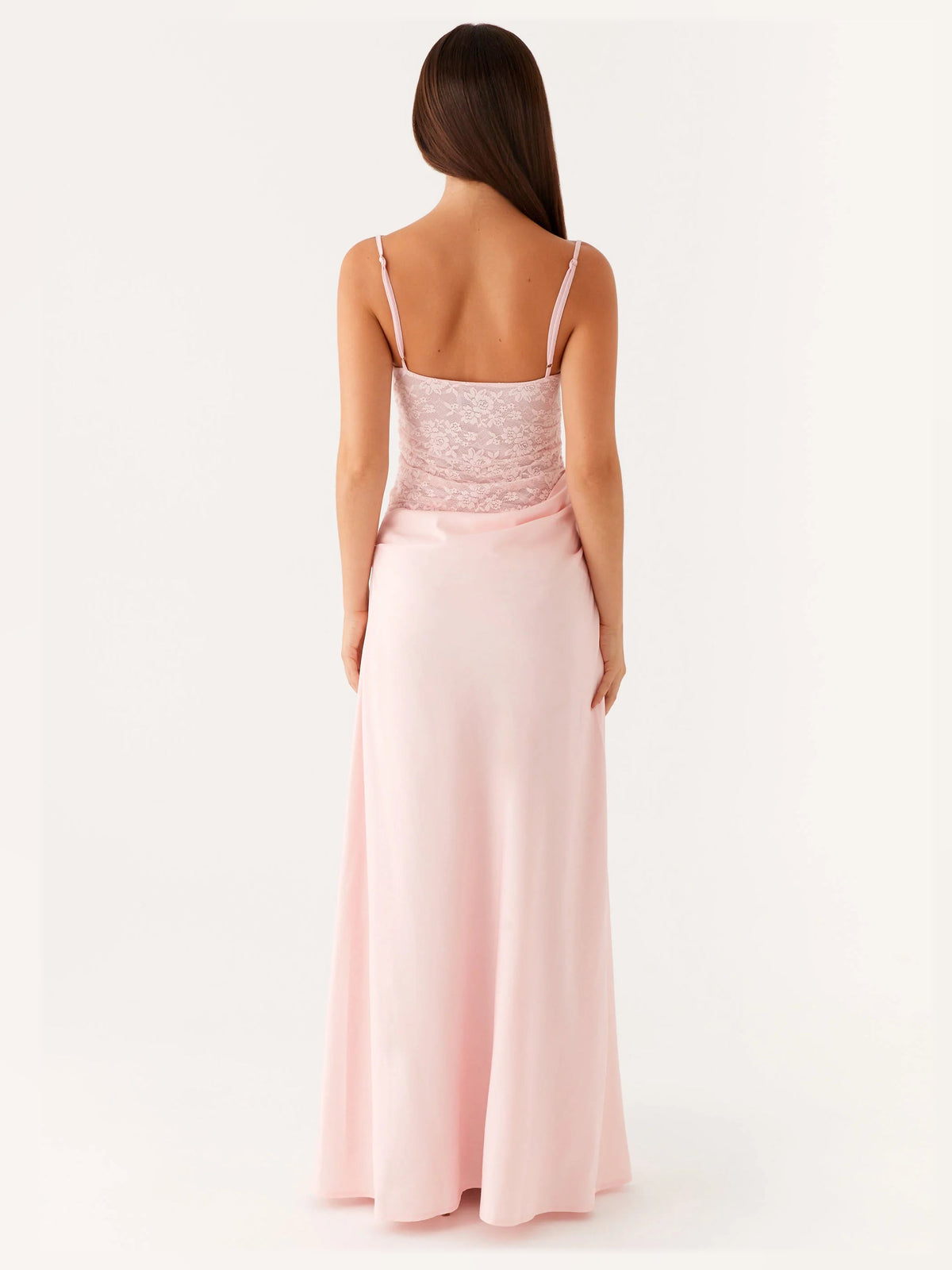 Pink maxi formal dress, back full-length view showing the bodice