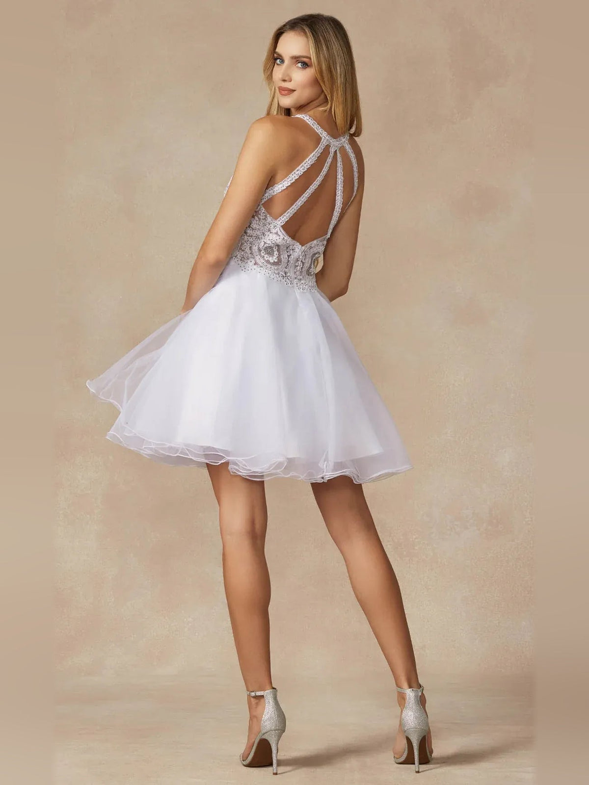 White beaded halter short tulle A-line dress, open back crisscross straps