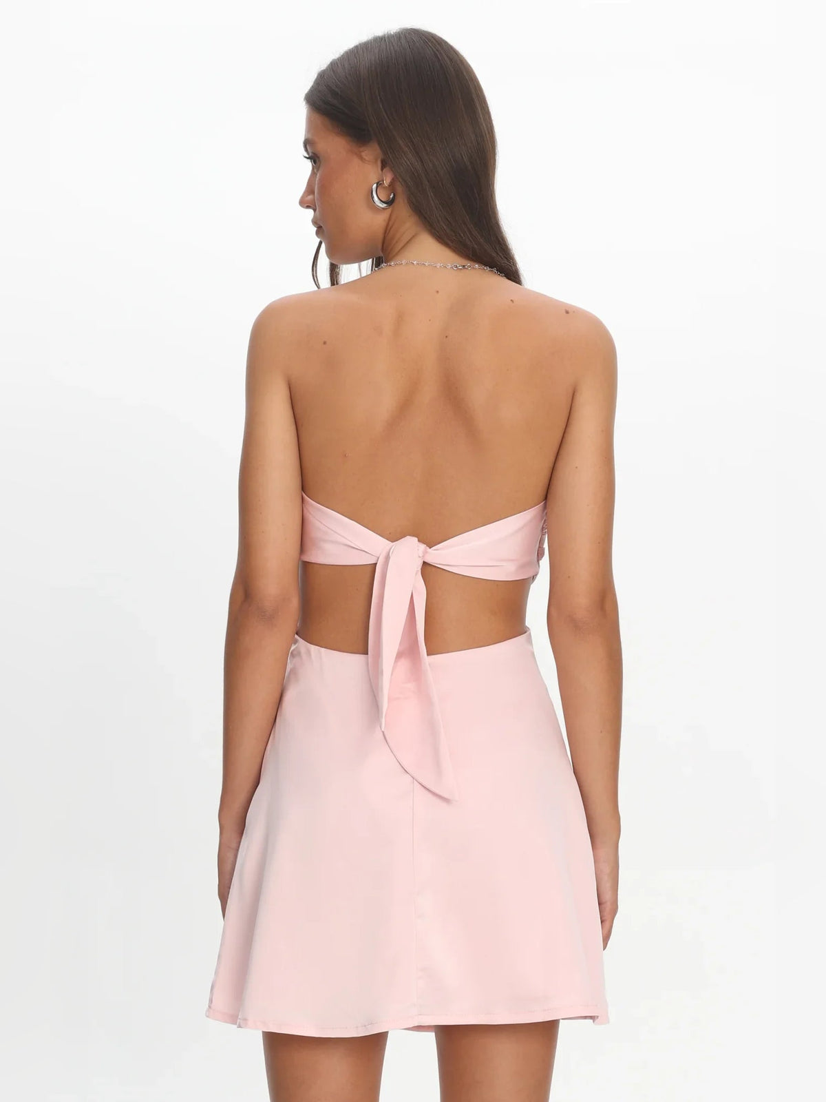 Blush pink satin mini dress, open back with bow-tied cut-out