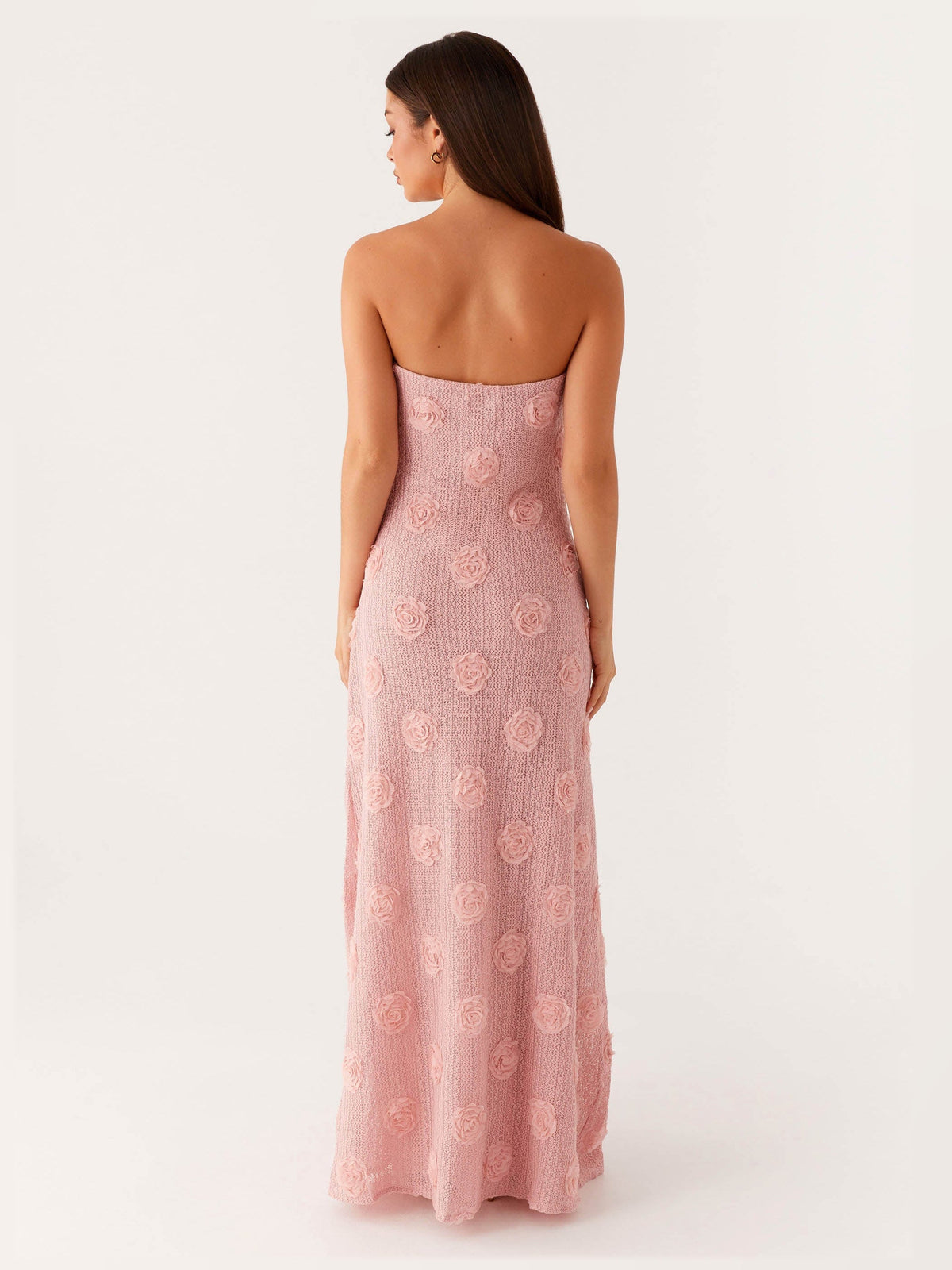 Pink maxi formal dress, back full-length view showing the bodice