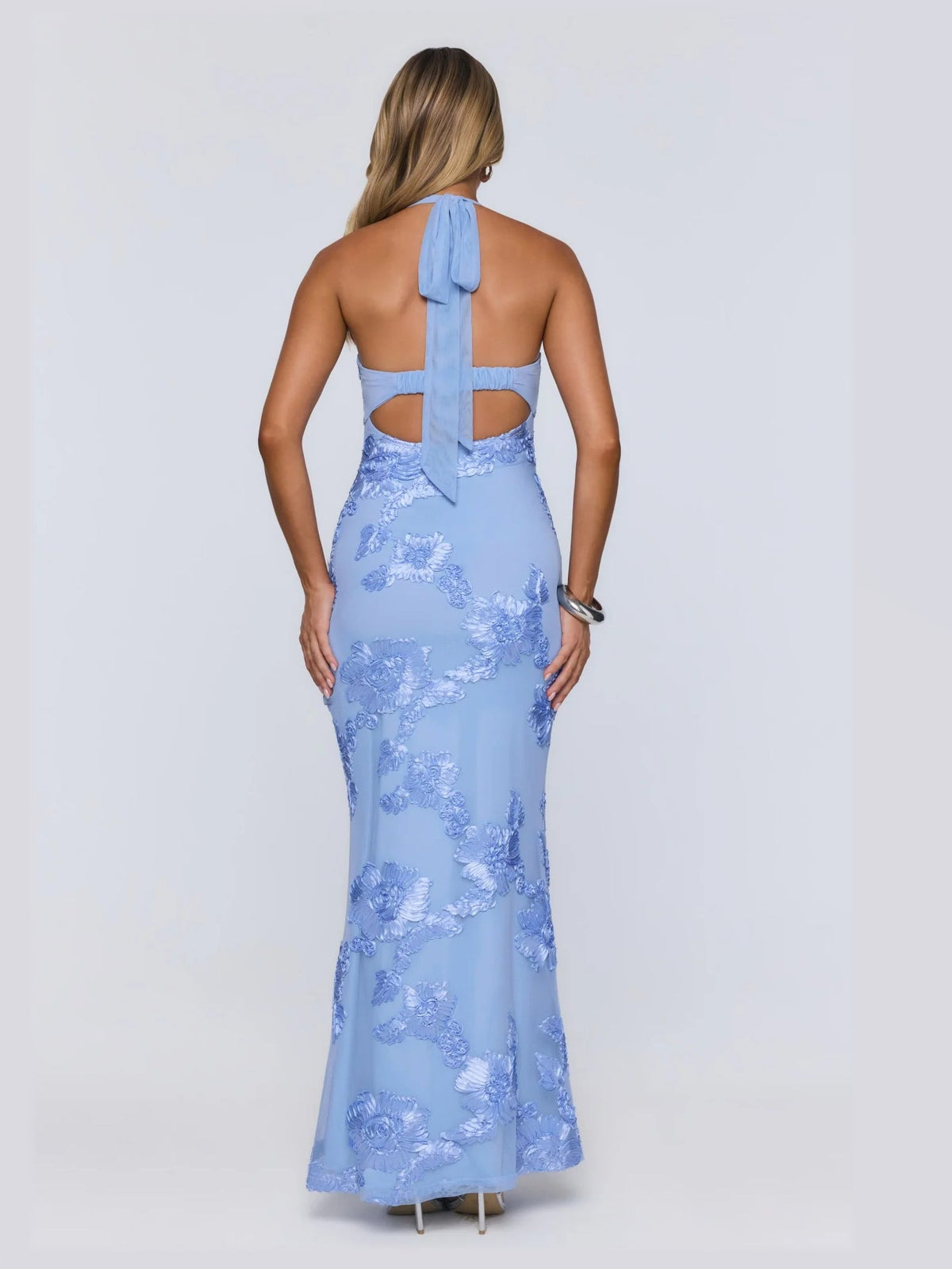 Blue maxi formal dress, back full-length view showing the bodice