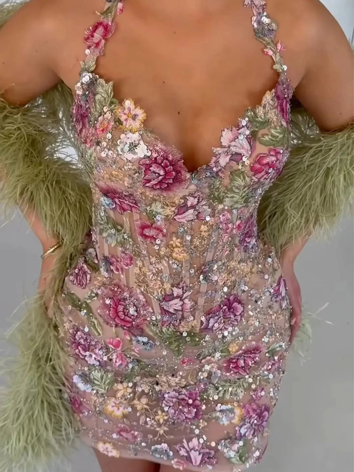 Corset V-neck mini dress with pink floral appliques and sequined mesh bodice