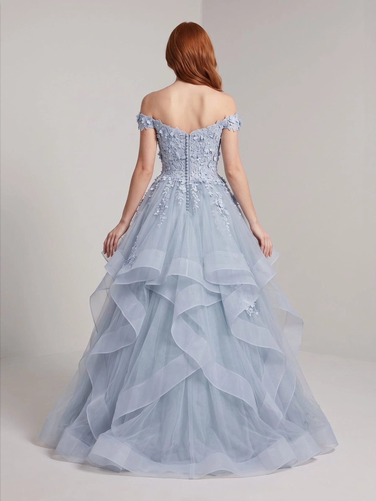 Light blue off-shoulder sweetheart back view ball gown with layered tulle ruffles and florals