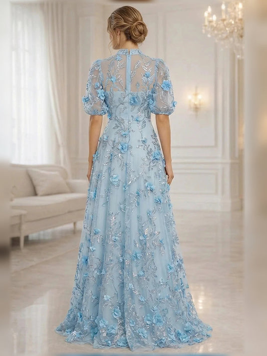 Mint green tulle A-line dress with high neck, puff sleeves, floral lace layers