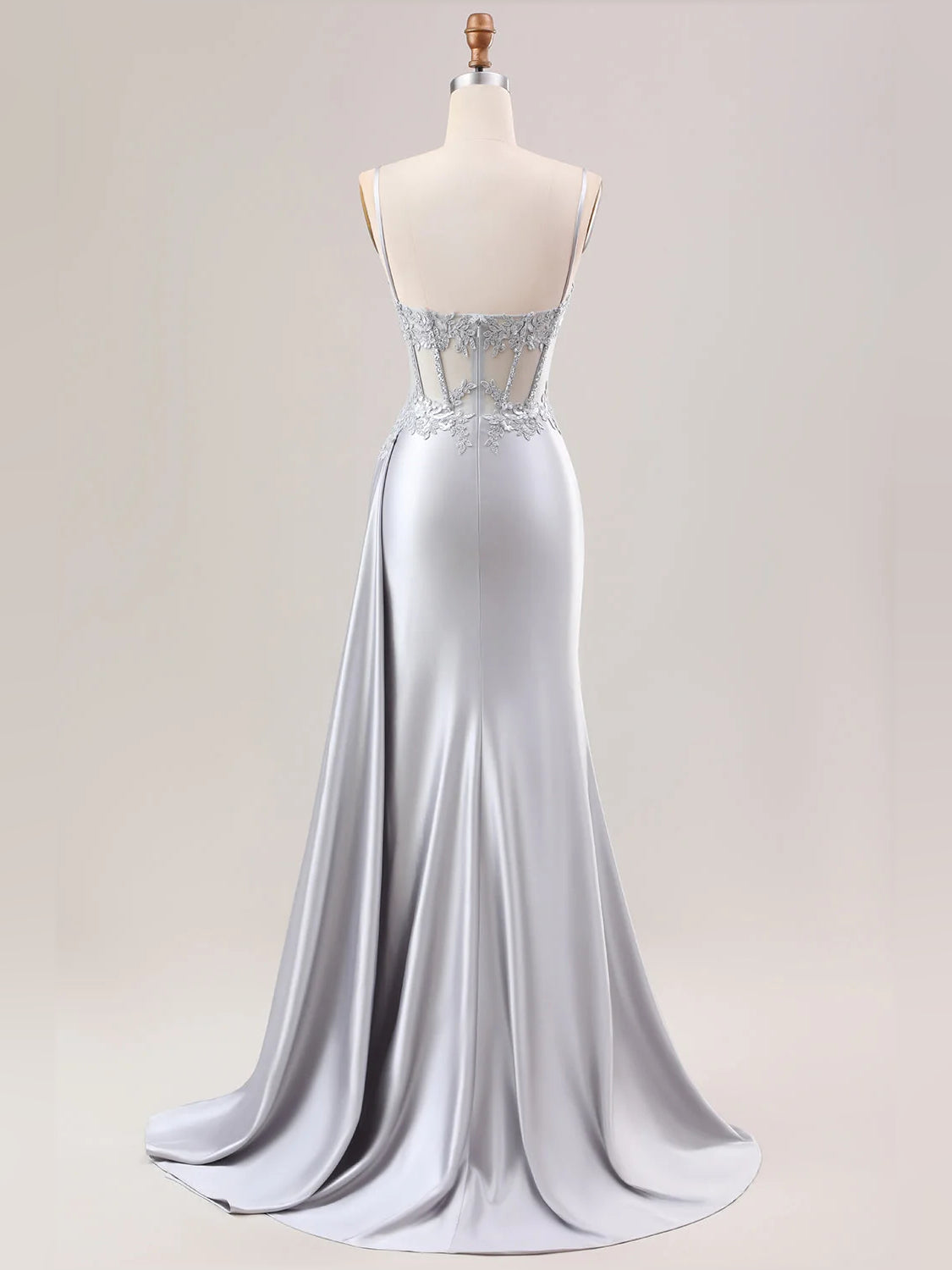 Silver strapless mermaid satin prom dress with beaded corset bodice, floor length