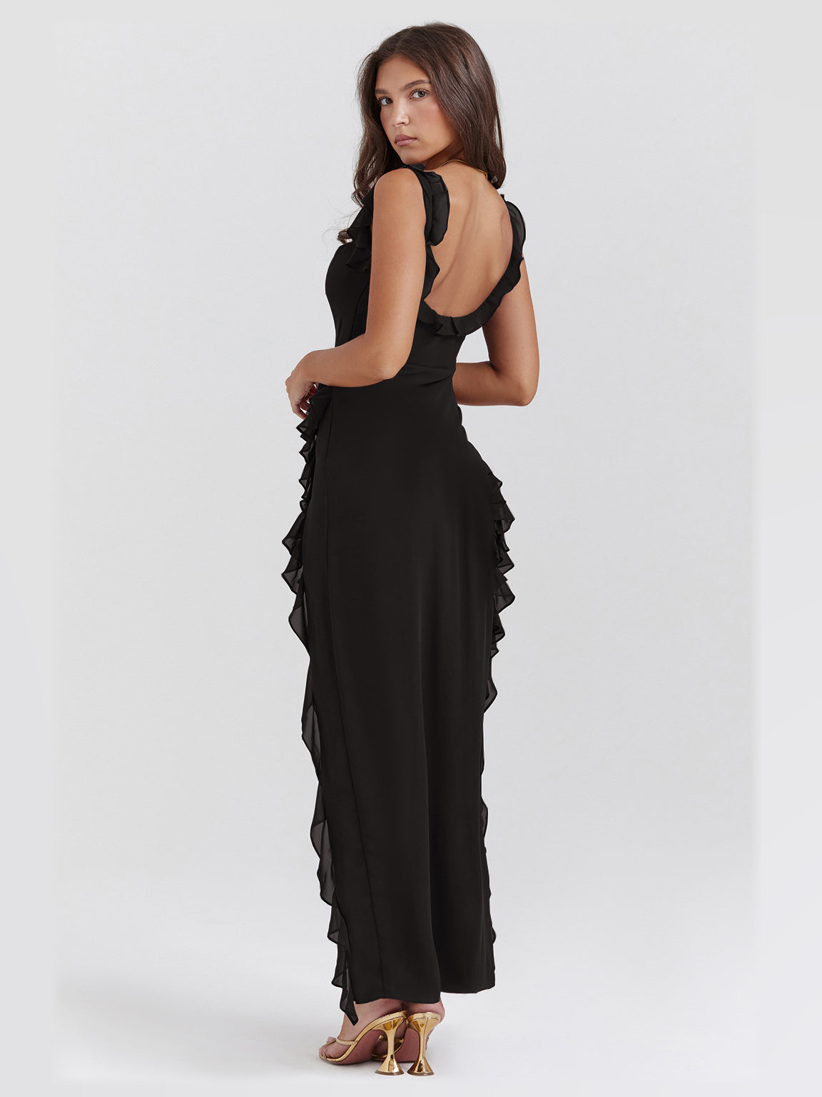 black maxi formal dress, back full-length view showing the bodice