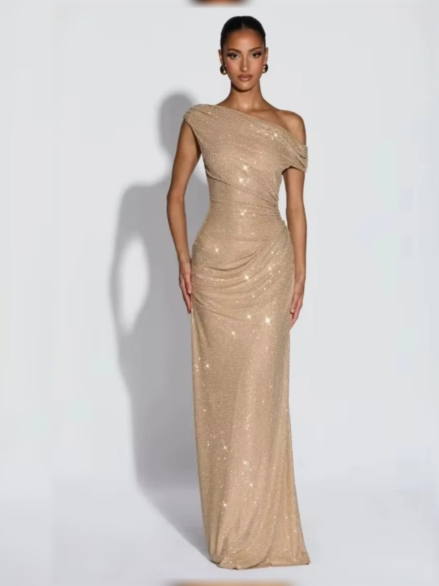 Champagne one-shoulder mermaid formal dress, ruched bodice, floor-length fit