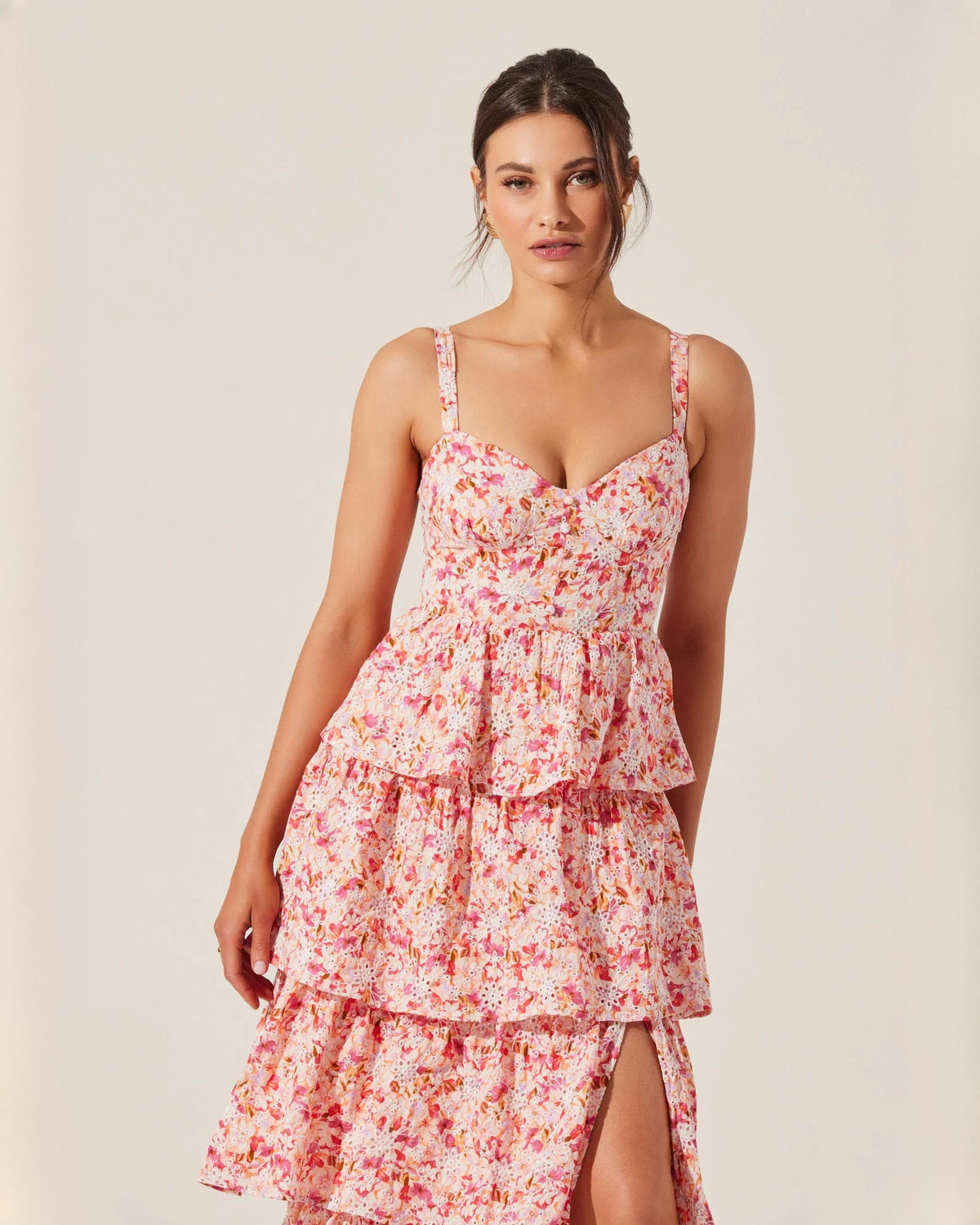 Pink floral sleeveless maxi dress with peplum ruffle tiers and sweetheart V-neck bodice