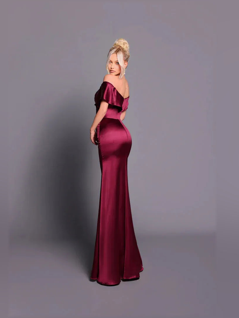 Burgundy off-shoulder satin mermaid formal dress, side profile, floor length