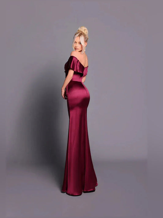 Burgundy off-shoulder satin mermaid formal dress, side profile, floor length
