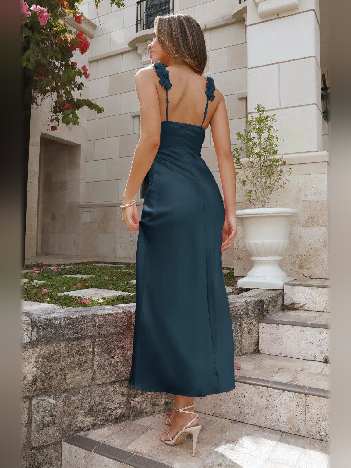 Blue satin backless mini dress with open back and bow spaghetti straps